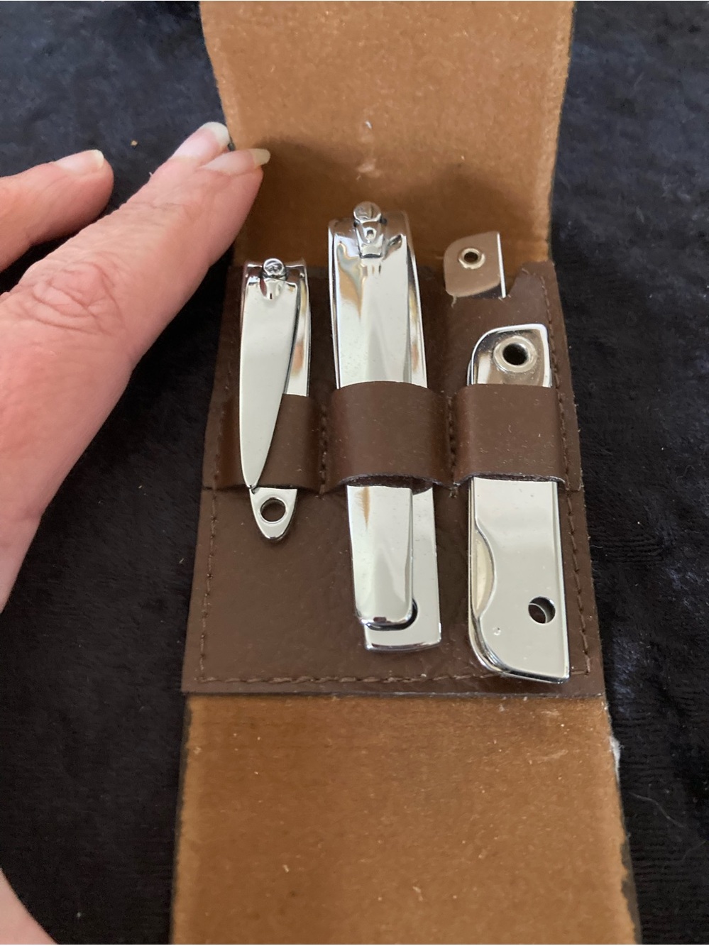 Men's Brown Leather Travel Nail Grooming Kit with Chrome Tools
